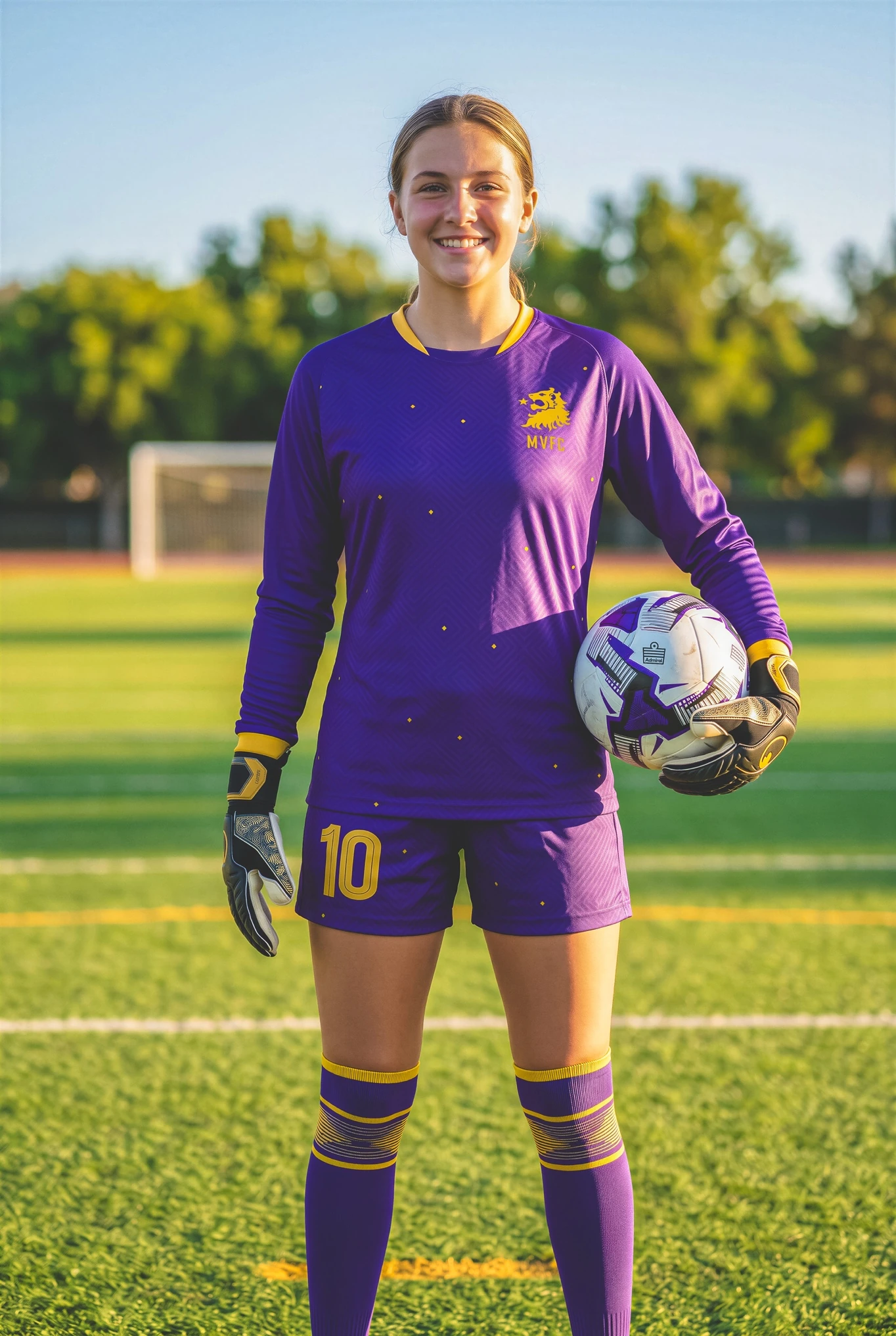 Mission Viejo FC goalkeeper in the purple and gold goalkeeper kit